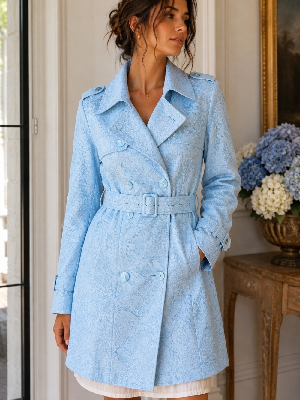 Baby blue lace trench coat by Charles Chang / Deerest by Mode Inspiration Ltd. ✨